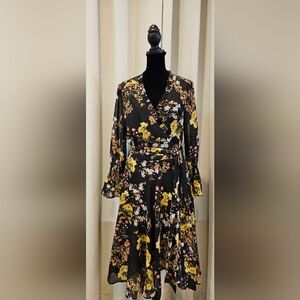 Tahari ASL black and yellow floral dress with back zipper and tie waist. Size 8